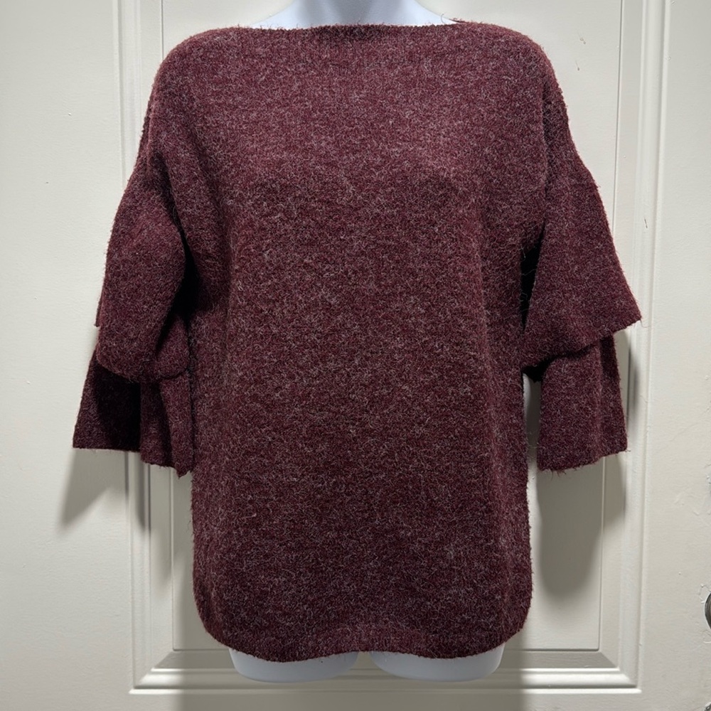 ETHYL burgundy fuzzy double bell sweater size Small